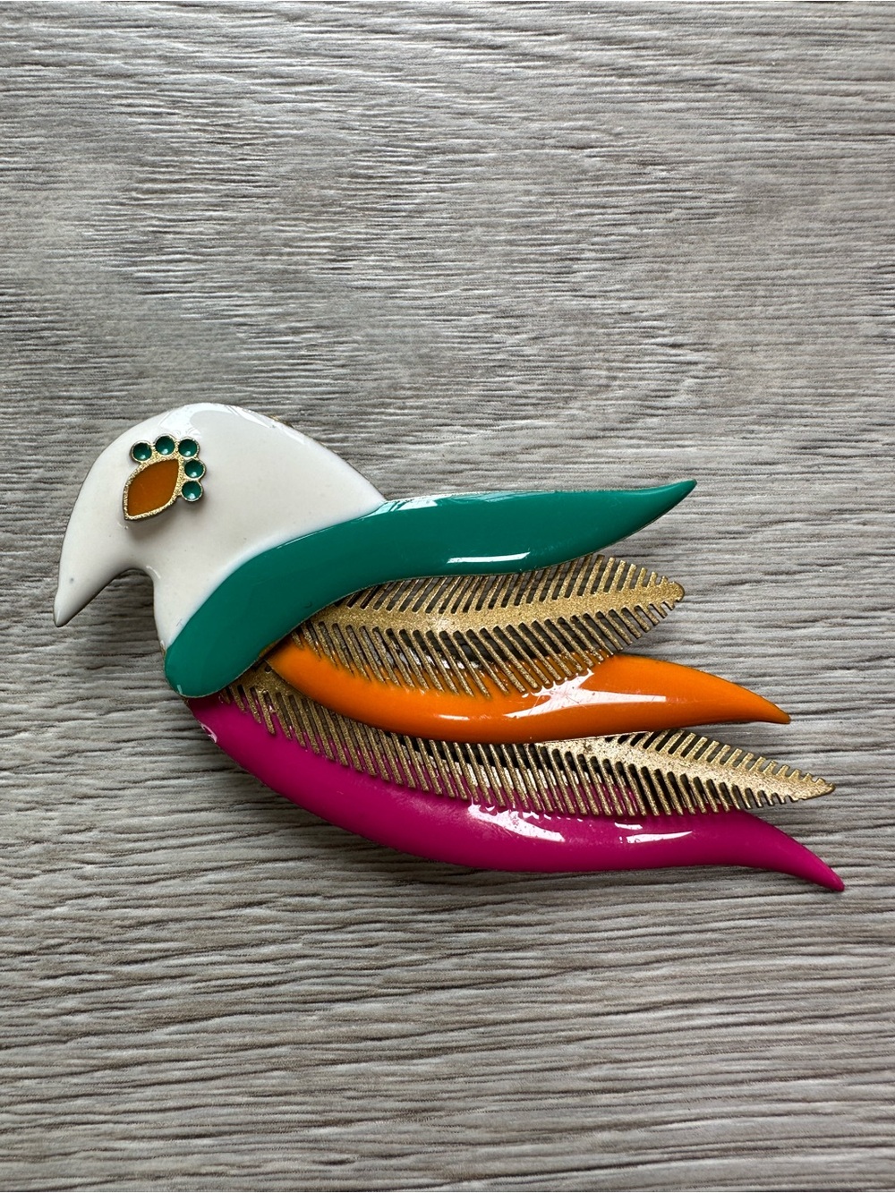 Vintage Colorful Modernist Bird Brooch – Enamel & Gold Tone Statement Pin